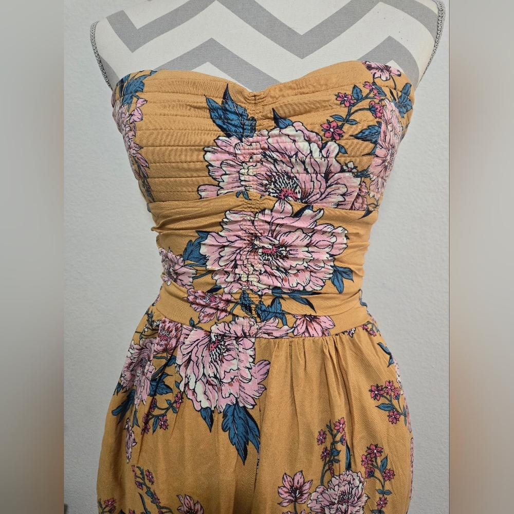 NWT Band of Gypsies Strapless Jumpsuit Mustard Yellow Pink Florals Sz Small